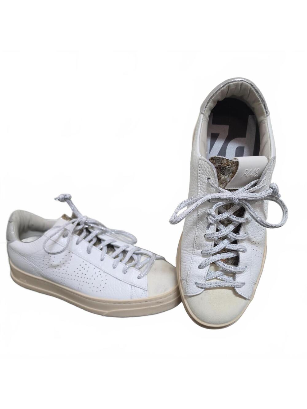 P448 John Logo White Leather Low Top Sneakers Size 37 or 6.5  Glitter tongue